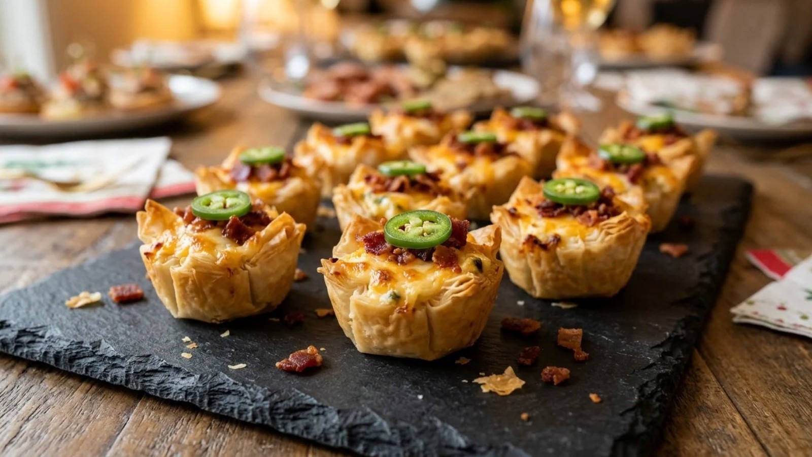 Phyllo cup appetizers filled with jalapeno popper filling and bacon