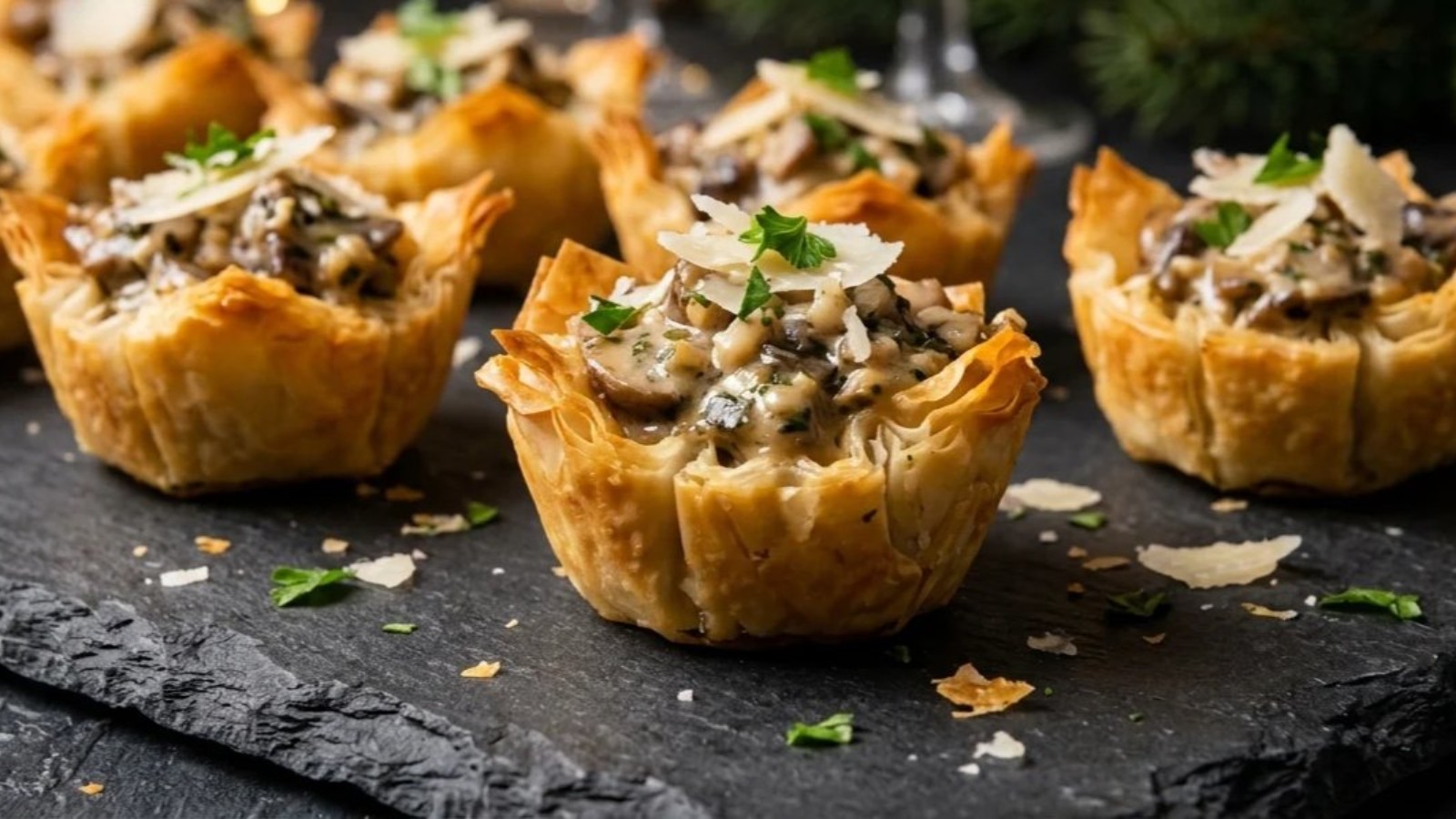 Phyllo cup appetizers with creamy garlic mushroom filling