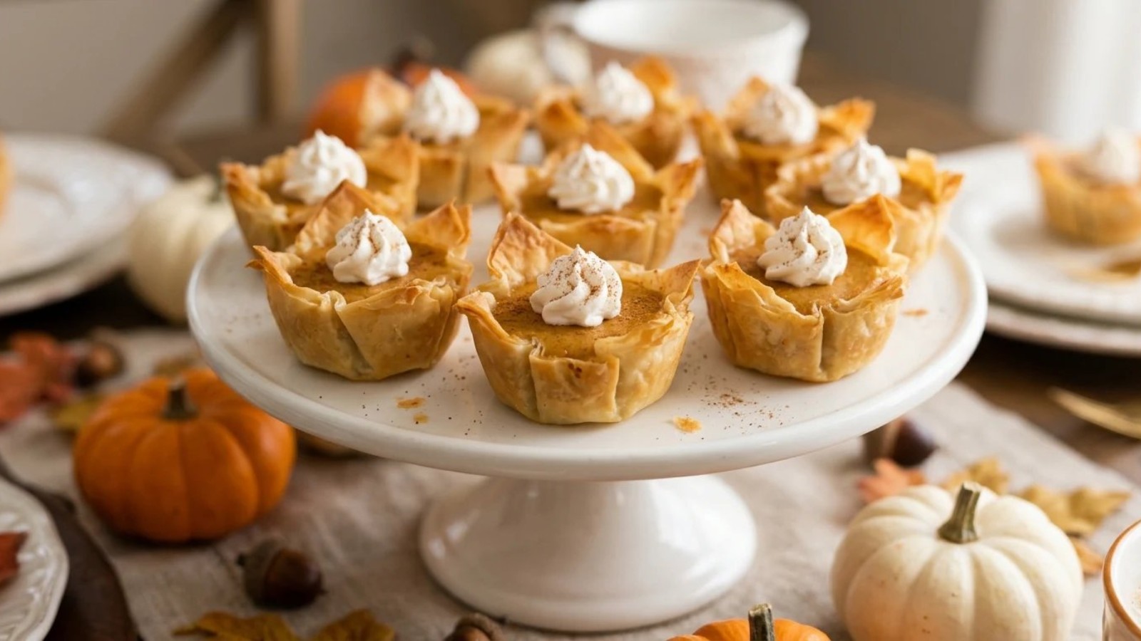 Phyllo cup appetizers turned dessert: pumpkin cheesecake cups with whipped cream