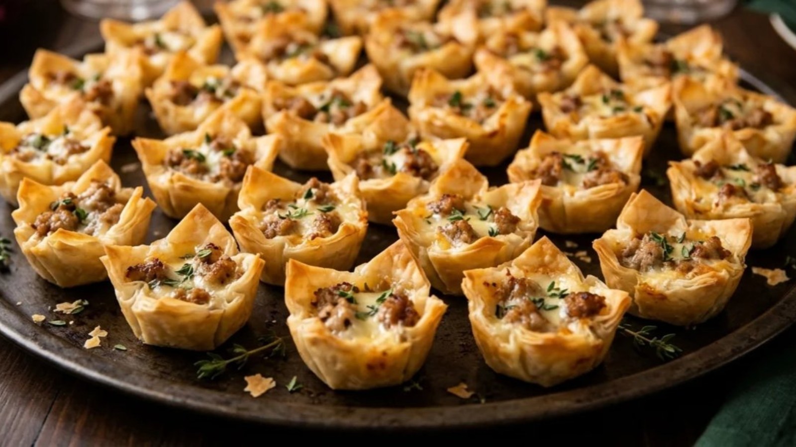 Phyllo cup appetizers filled with sausage and cream cheese