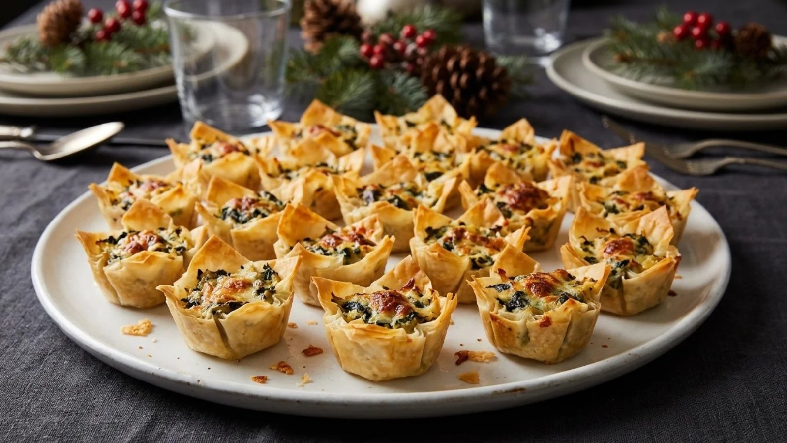Phyllo cup appetizers with hot spinach artichoke filling