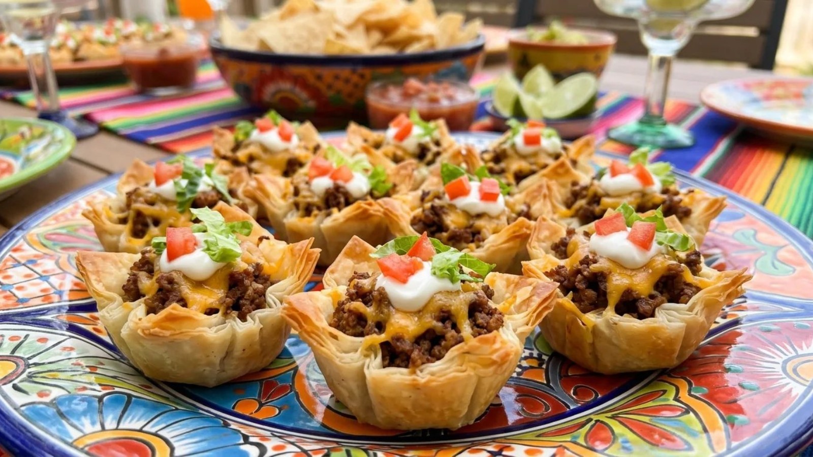 Mini cups filled with taco beef, cheese, sour cream and tomato