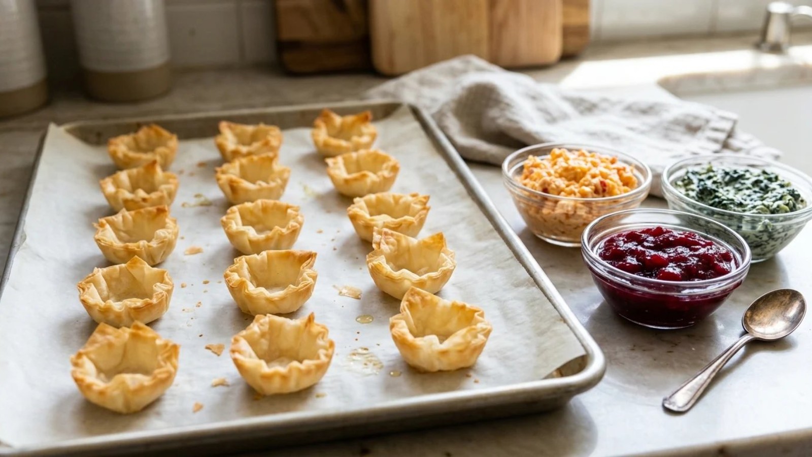 Phyllo cup appetizers prep: empty shells and fillings ready on a counter