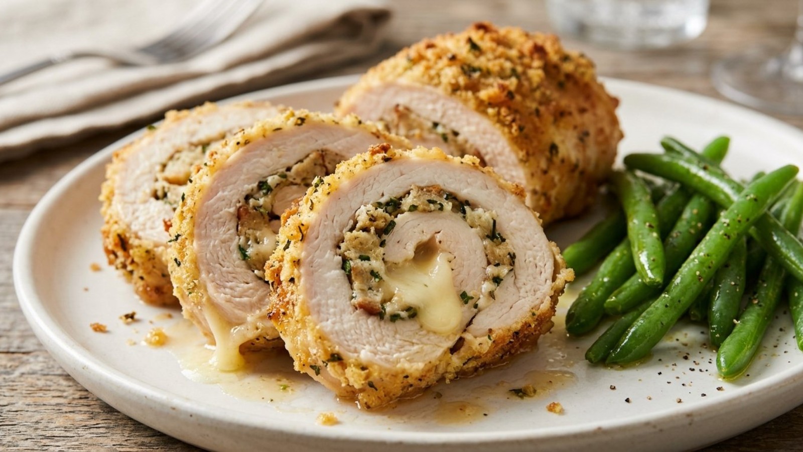 Sliced chicken breast rolled around stuffing on a plate