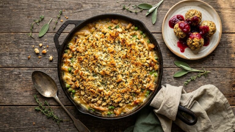 Stuffing mix recipes: chicken and stuffing casserole in a cast iron skillet