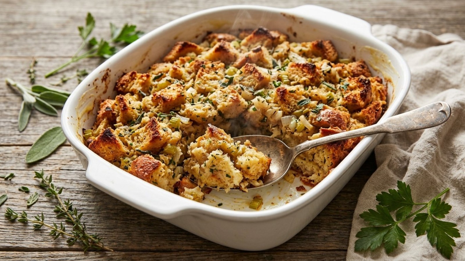 Golden homemade style stuffing with fresh herbs in a baking dish
