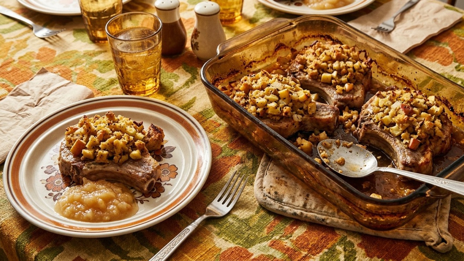 Pork chops baked under a golden stuffing topping