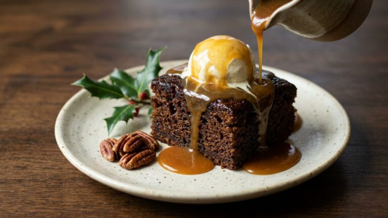 Classic sticky toffee pudding with toffee sauce and vanilla ice cream