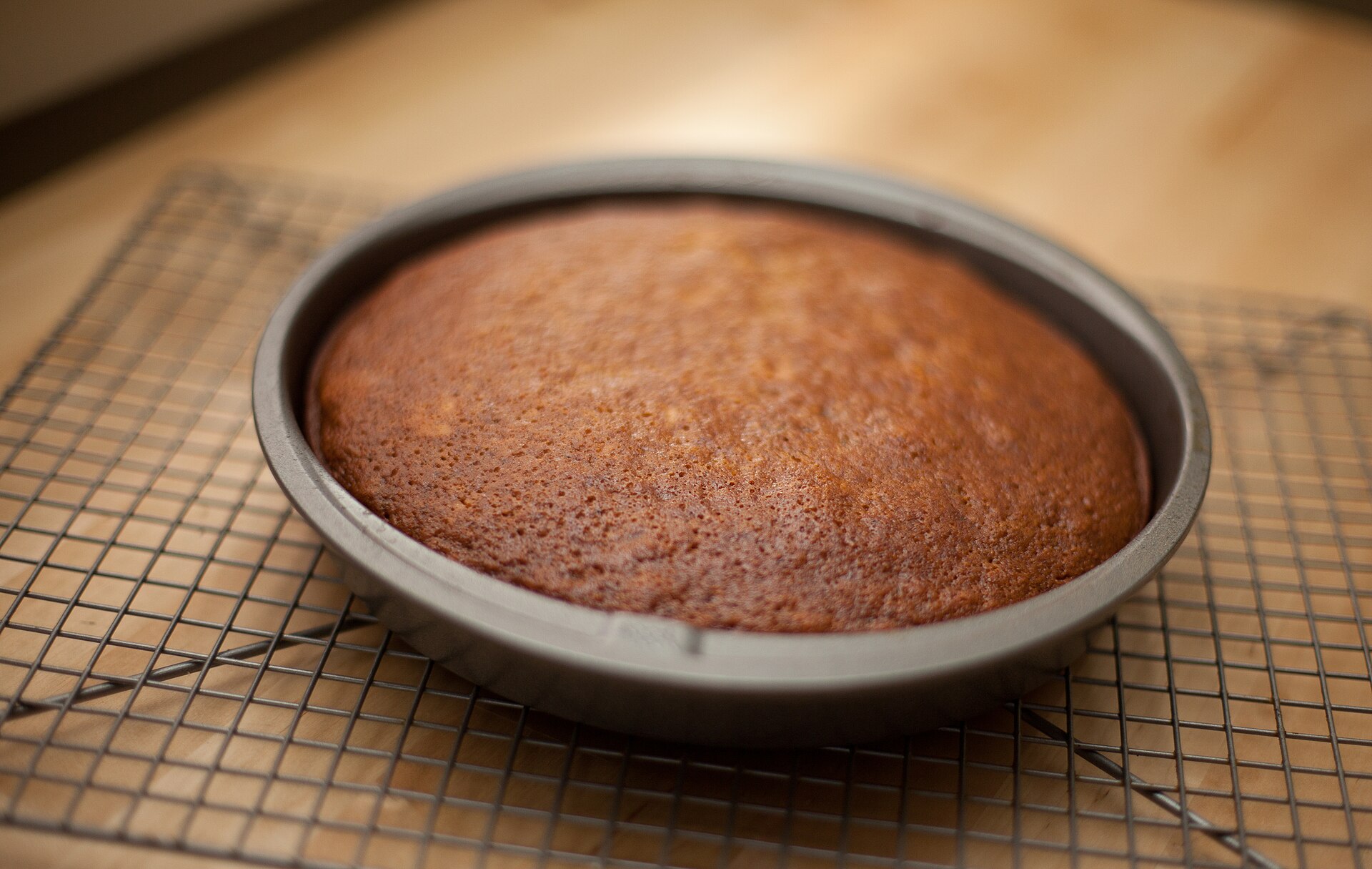 Sticky toffee pudding cake cooling in a round tin on a rack