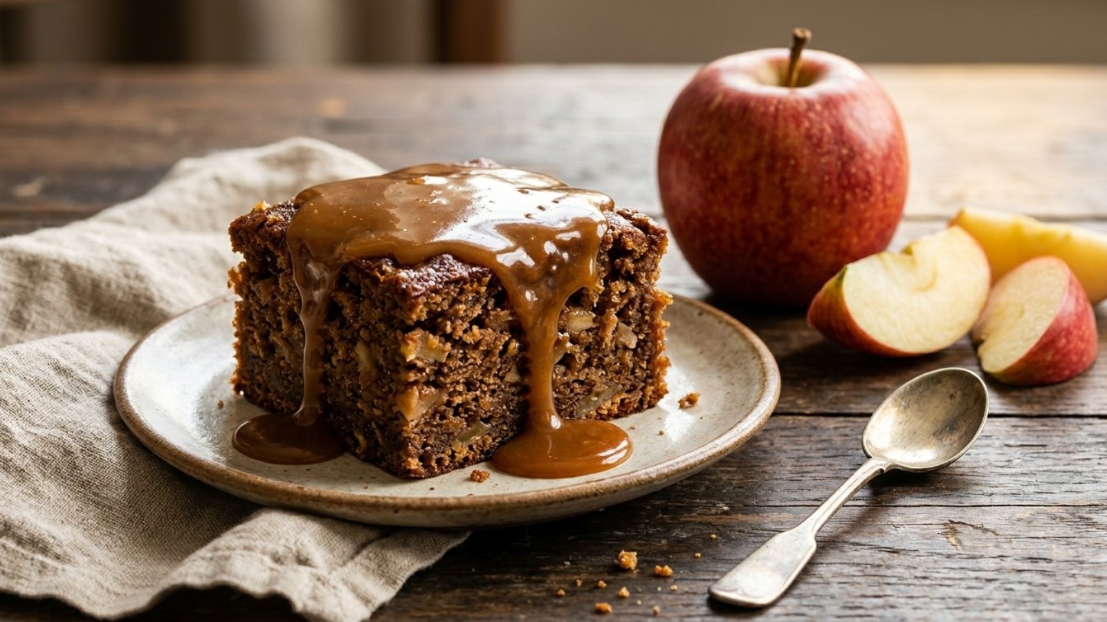 Sticky toffee pudding square made with apple, covered in toffee sauce