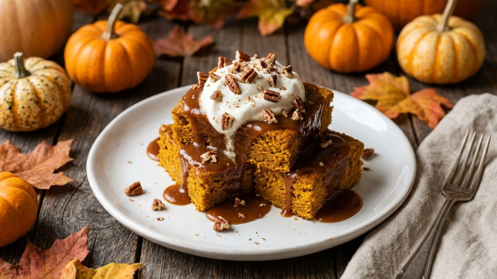 Sticky toffee pudding with pumpkin, toffee sauce and whipped cream