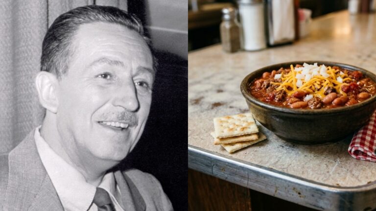 Walt Disney chili: Walt Disney next to a bowl of beef and bean chili with saltines