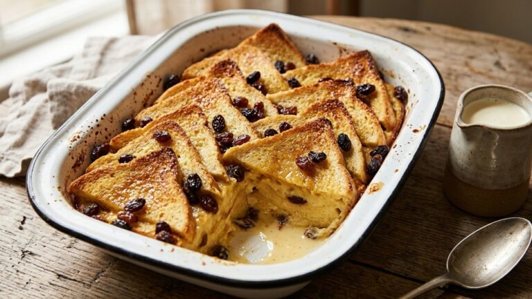 Bread and butter pudding with buttered bread triangles and raisins in a white enamel dish