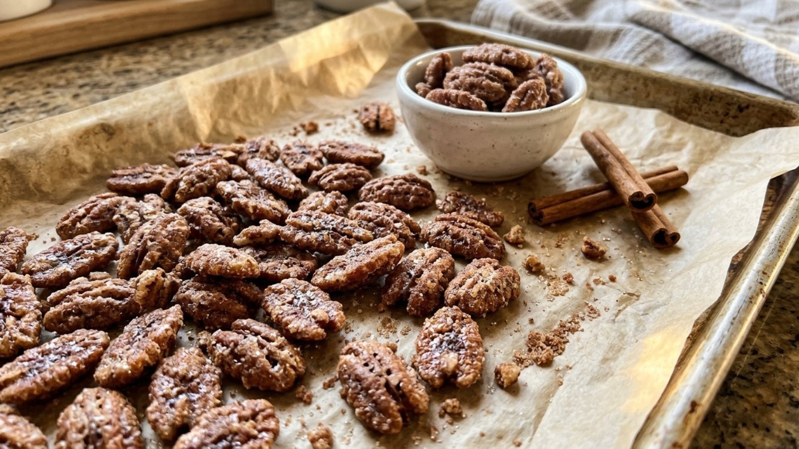 Cinnamon sugar candied pecans on parchment paper