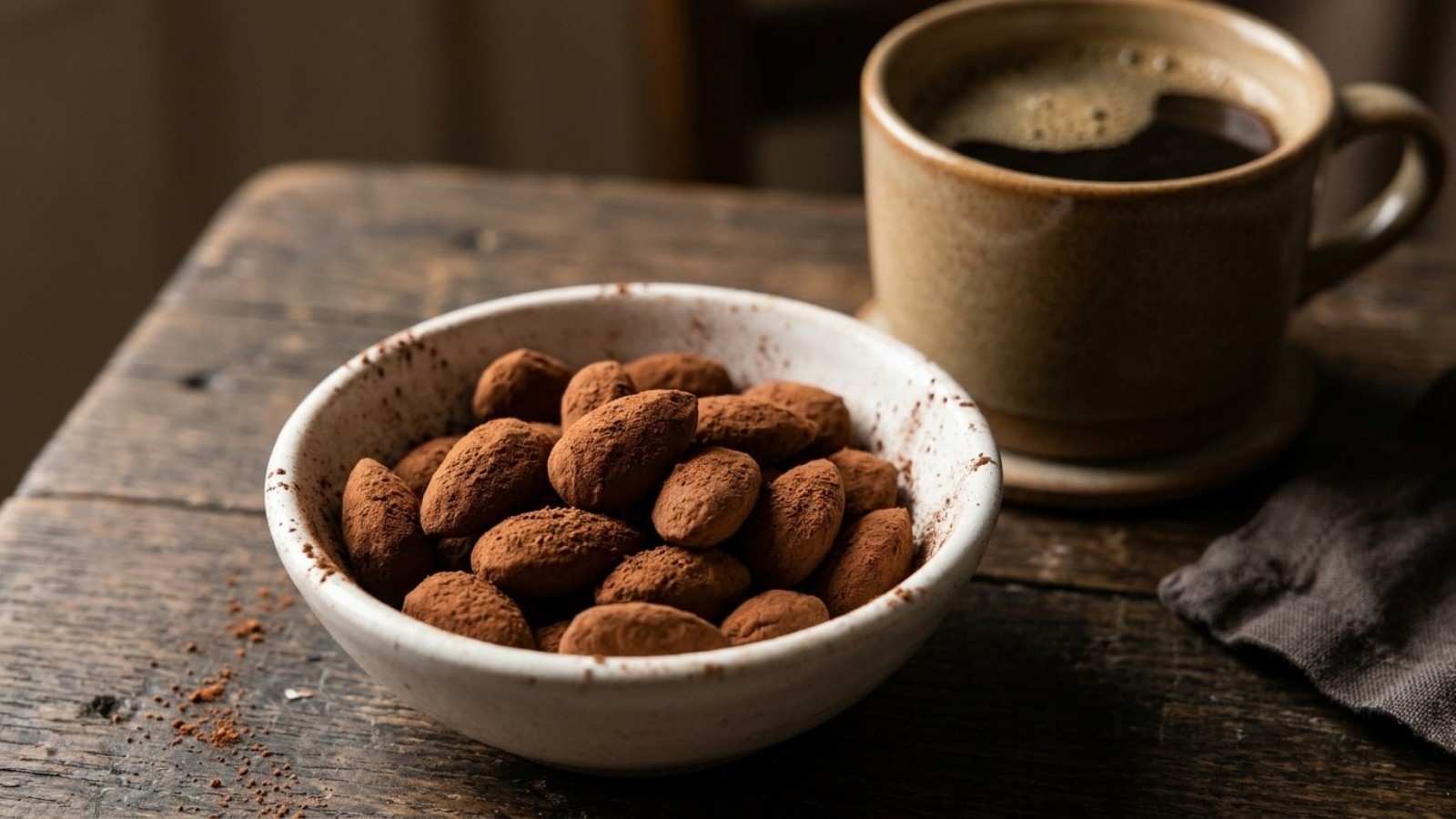 Cocoa dusted almonds in a white bowl next to coffee