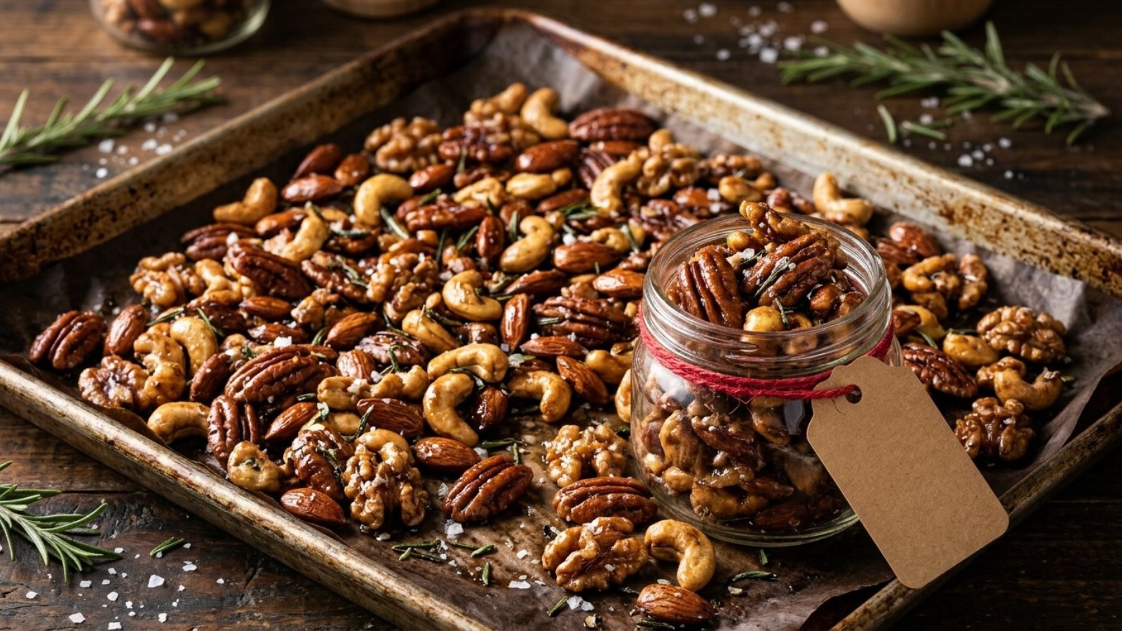 Rosemary brown sugar spiced nuts on a sheet pan with a gift jar