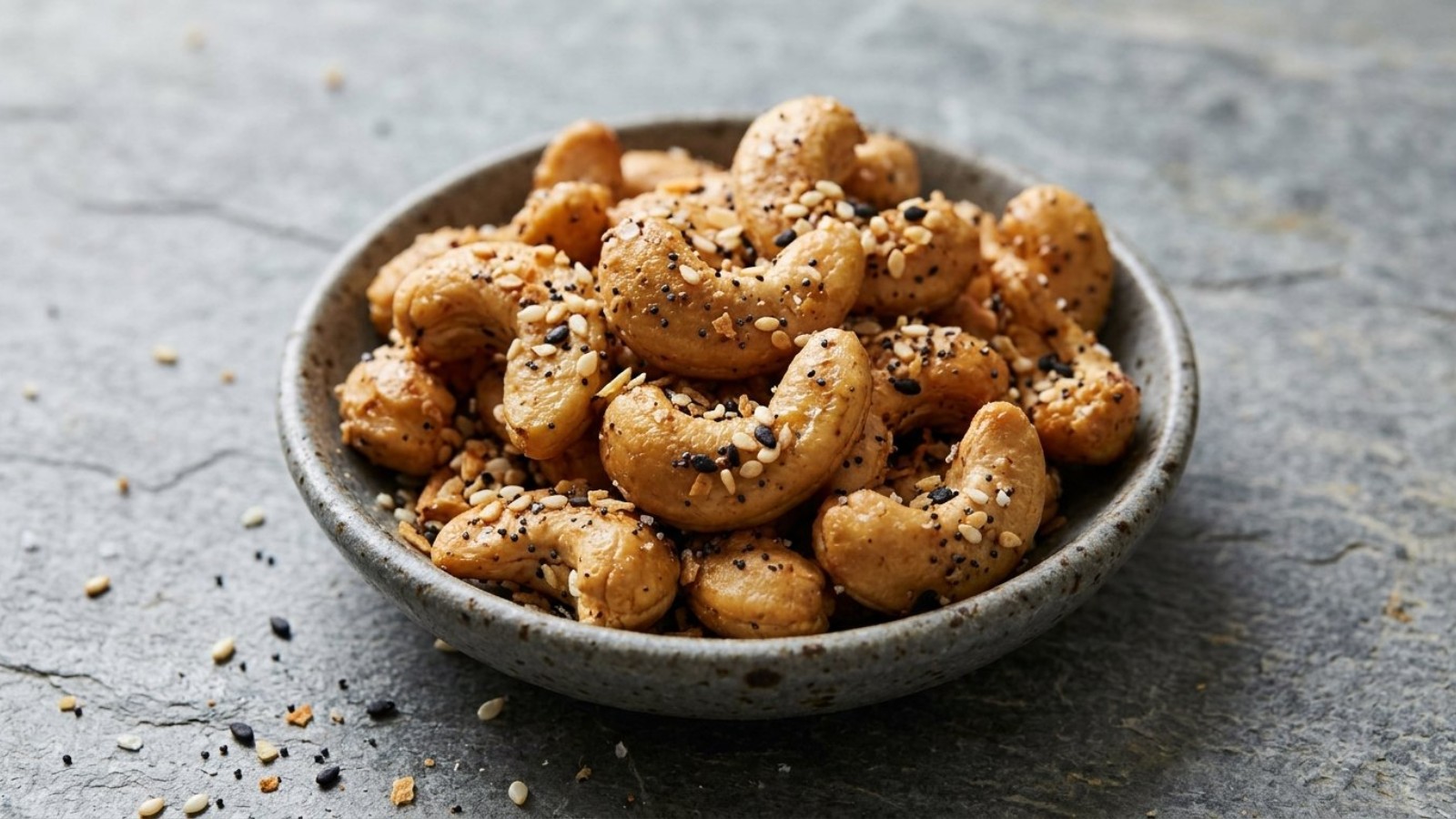 Spiced nuts: everything bagel cashews in a stone bowl