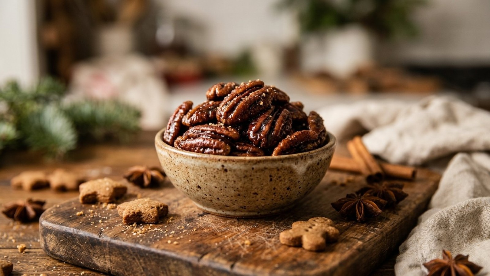 Gingerbread spiced pecans in a ceramic bowl with star anise