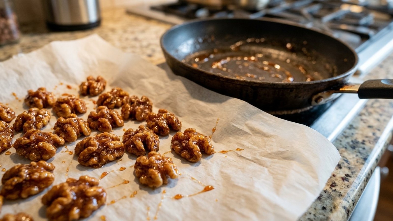Glossy stovetop candied walnuts cooling on parchment next to a skillet