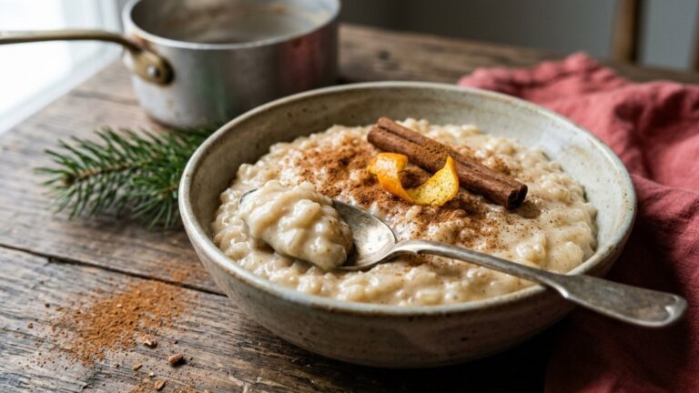 Creamy rice pudding with cinnamon, a cinnamon stick and orange peel