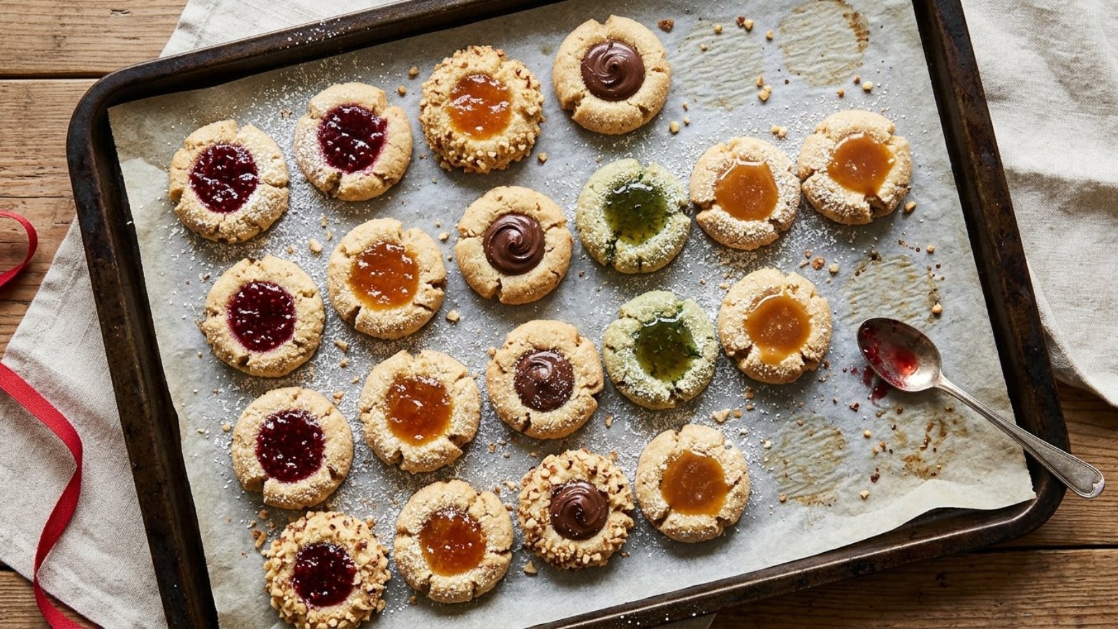 Thumbprint cookies with jewel-colored jam and chocolate centers on a baking tray