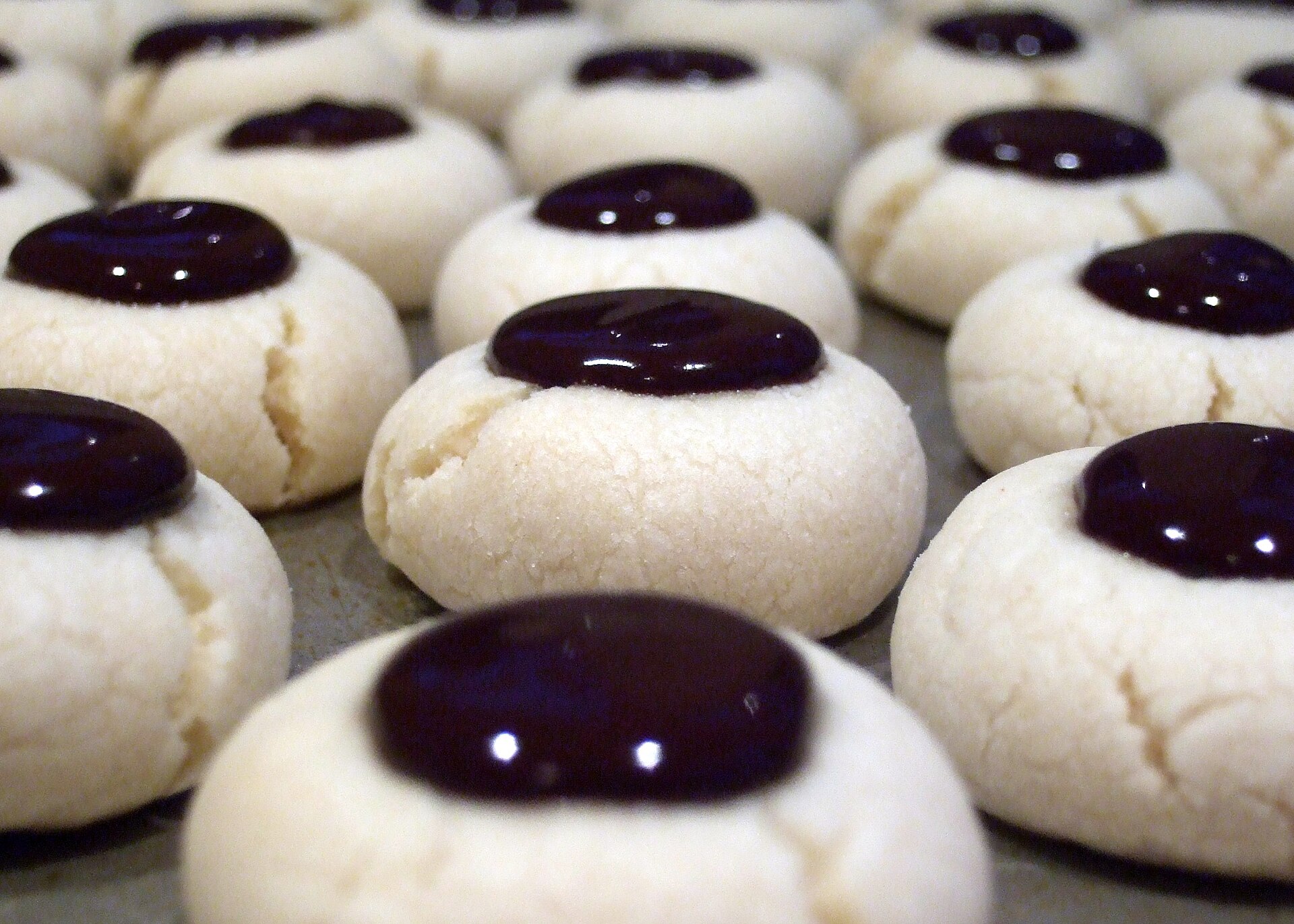 Chocolate thumbprint cookies with dark ganache centers