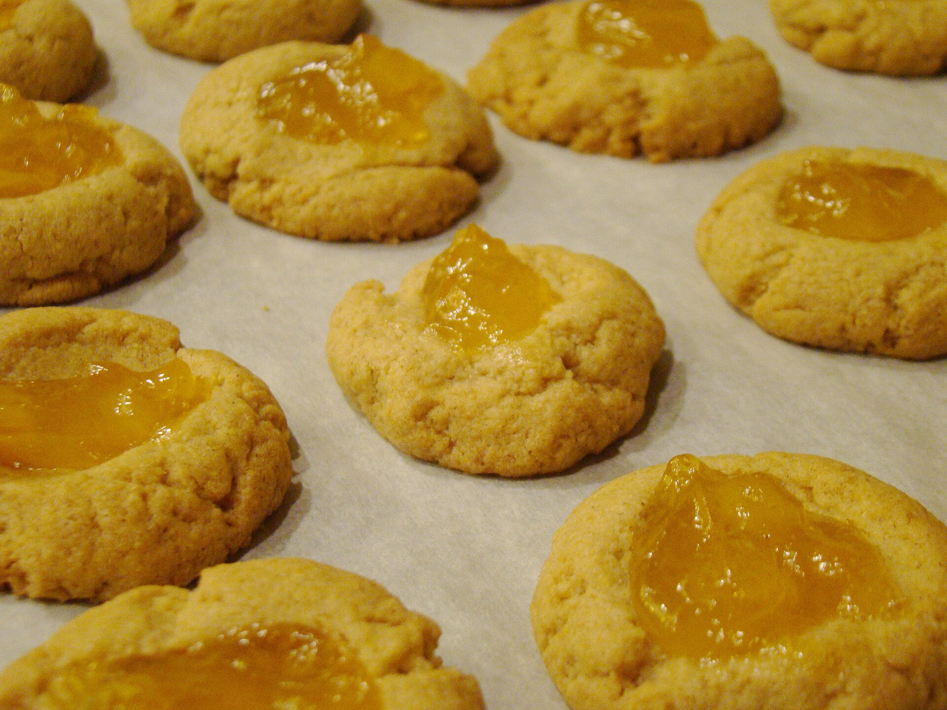 Thumbprint cookies with golden apricot-colored centers