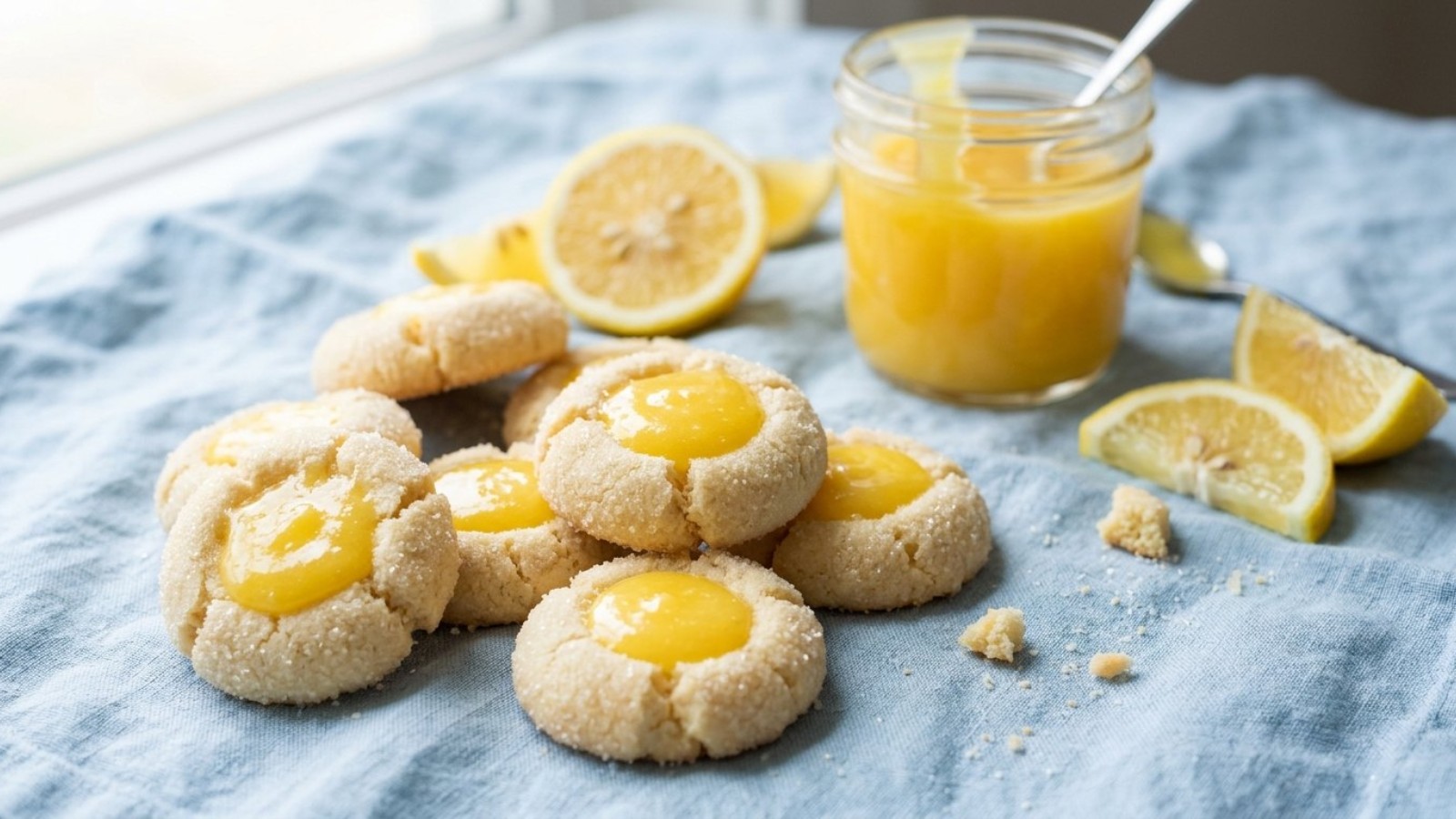 Lemon curd centers with lemon slices on blue linen