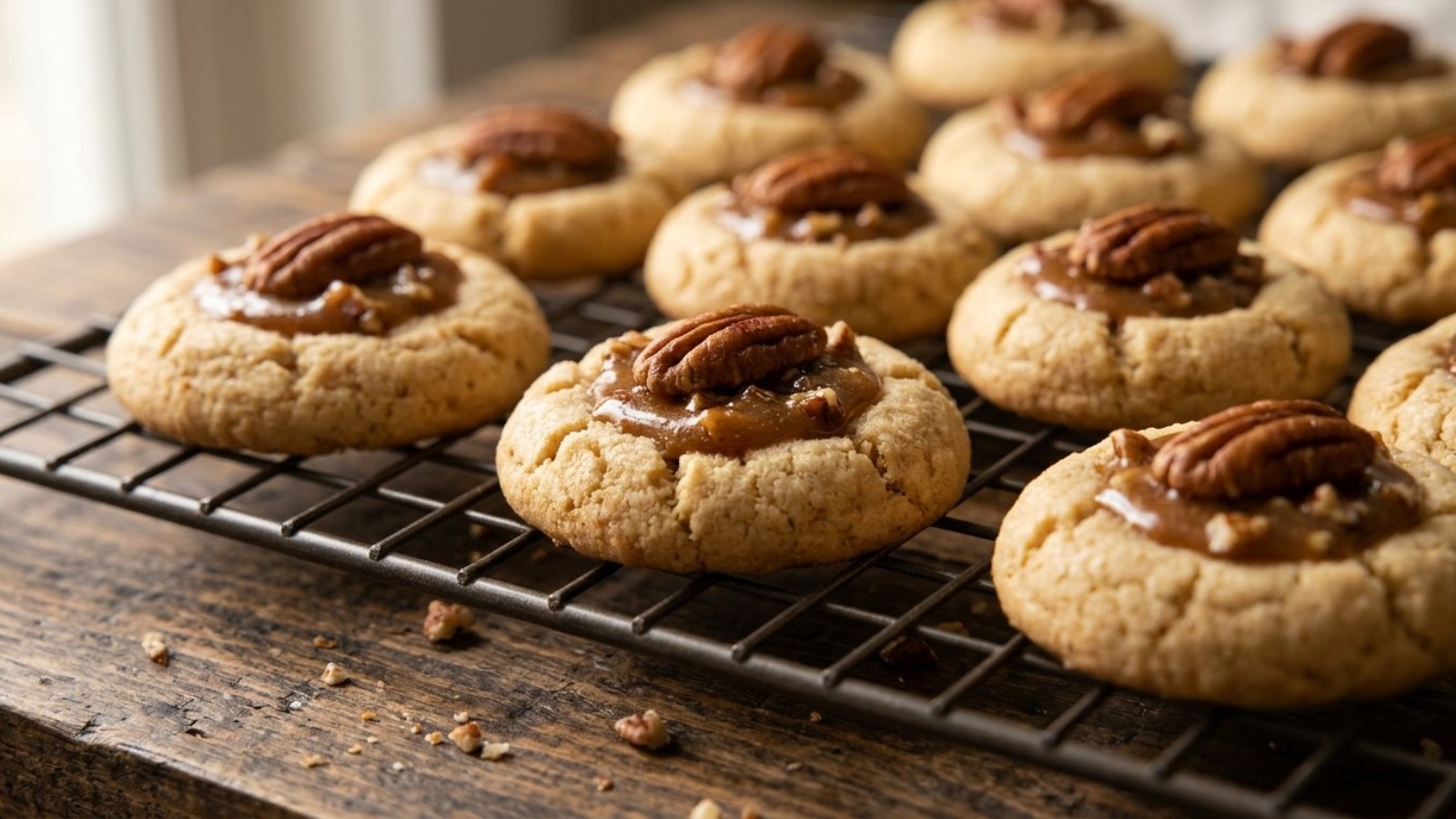 Pecan pie filling topped with pecan halves on a cooling rack