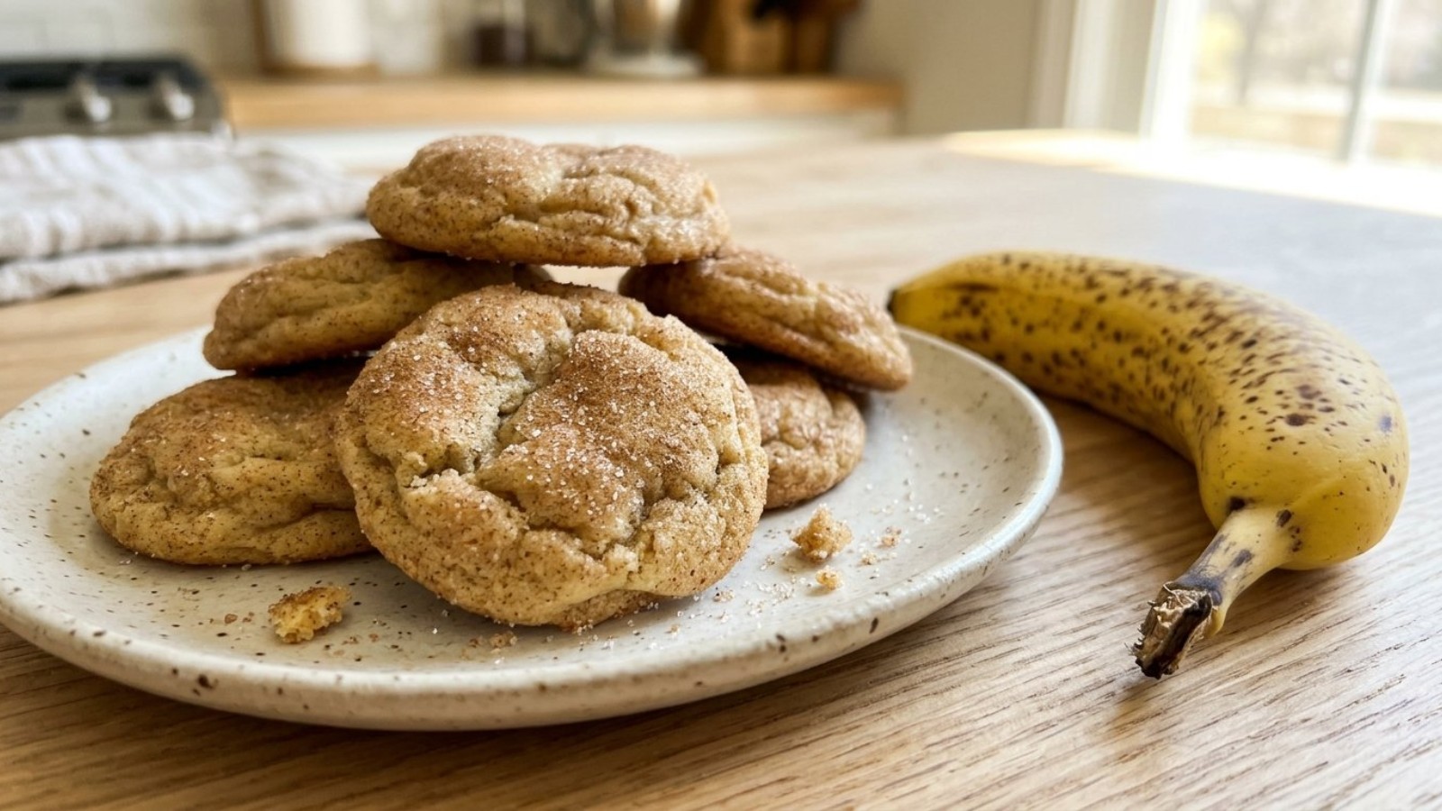 Banana snickerdoodles on a plate next to a ripe banana