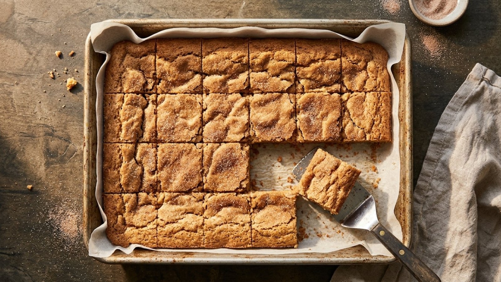 Snickerdoodle cookie bars in a 9x13 pan