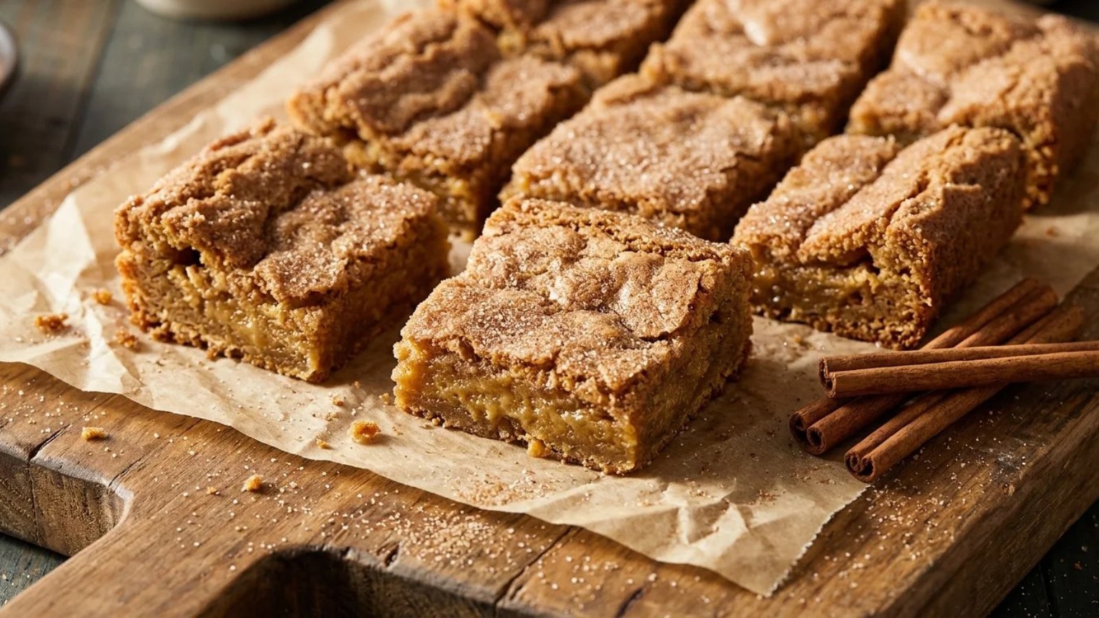 Snickerdoodle blondies cut into squares