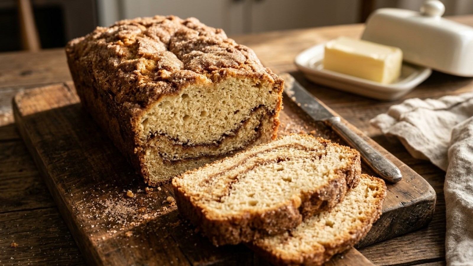 Sliced snickerdoodle bread with a cinnamon swirl