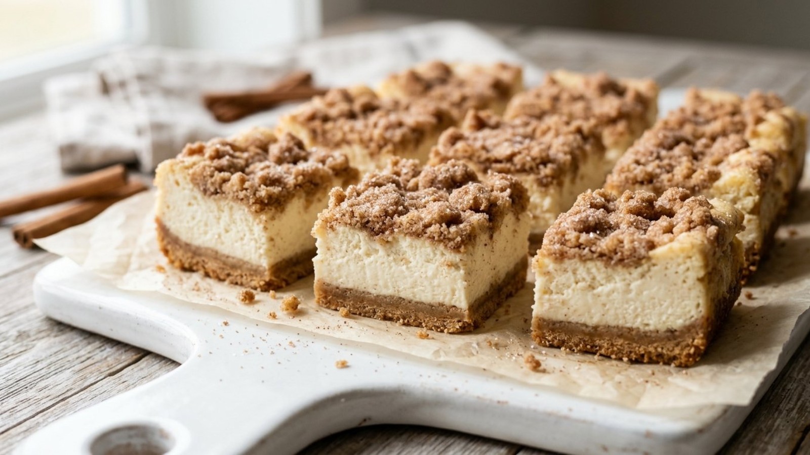 Snickerdoodle cheesecake bars with a cinnamon crumble