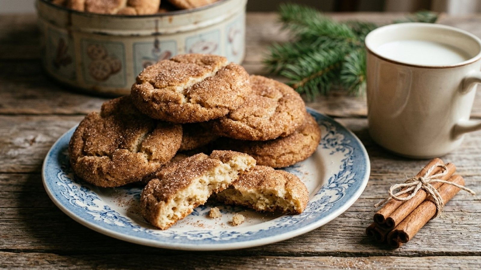 Snickerdoodles stacked on a blue and white plate with cinnamon sticks and milk