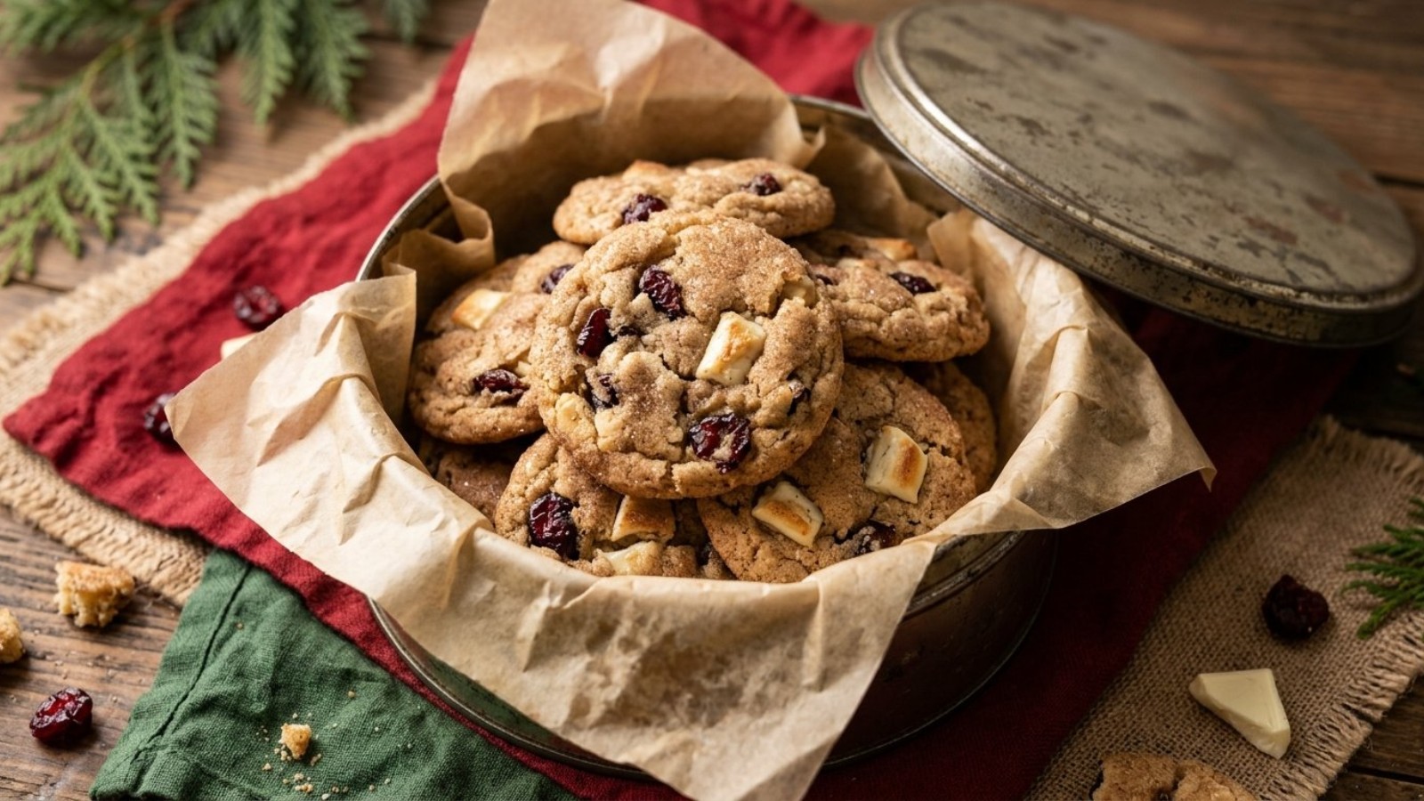 White chocolate cranberry snickerdoodles in a cookie tin