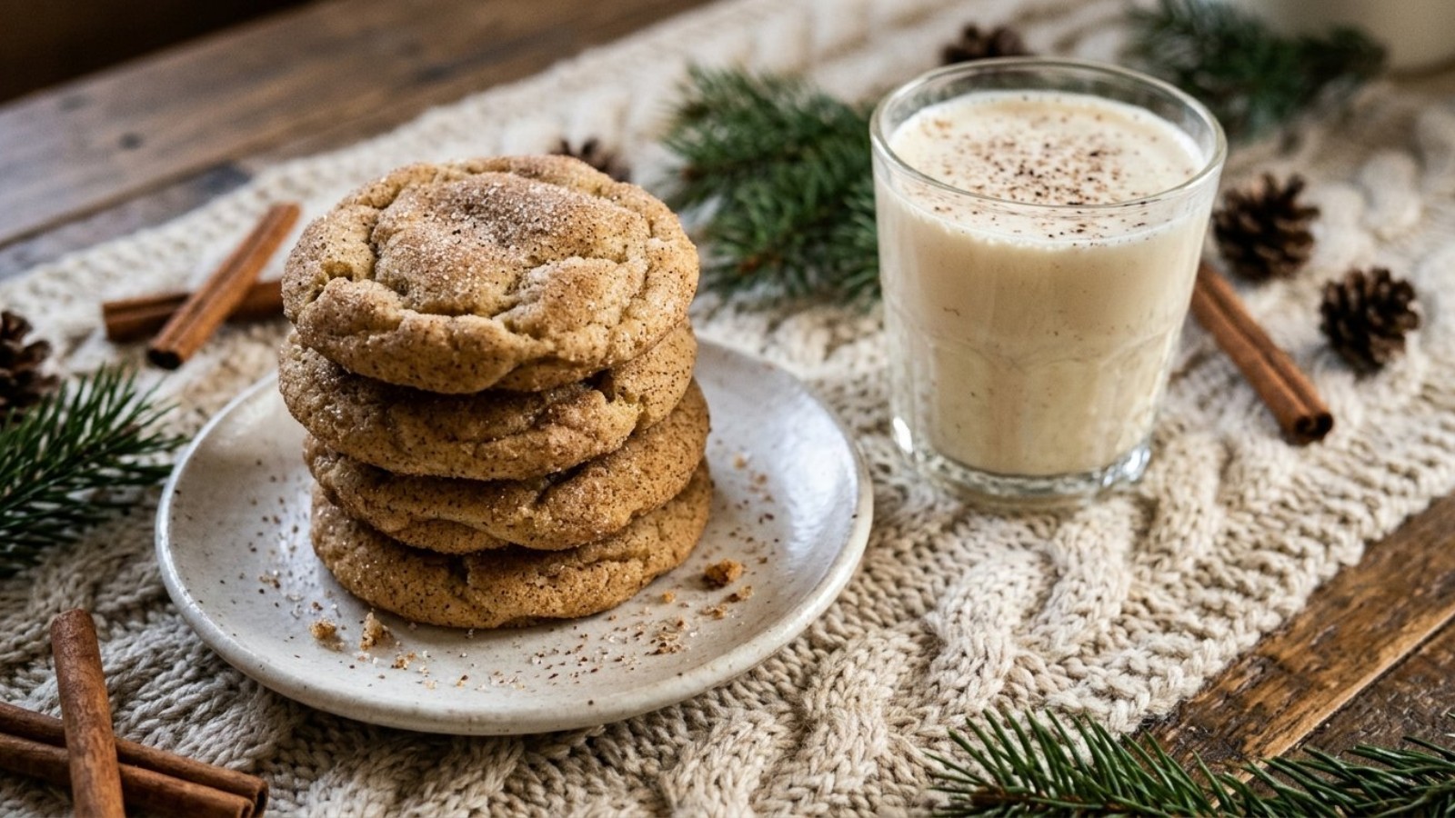 Eggnog snickerdoodles with a glass of eggnog