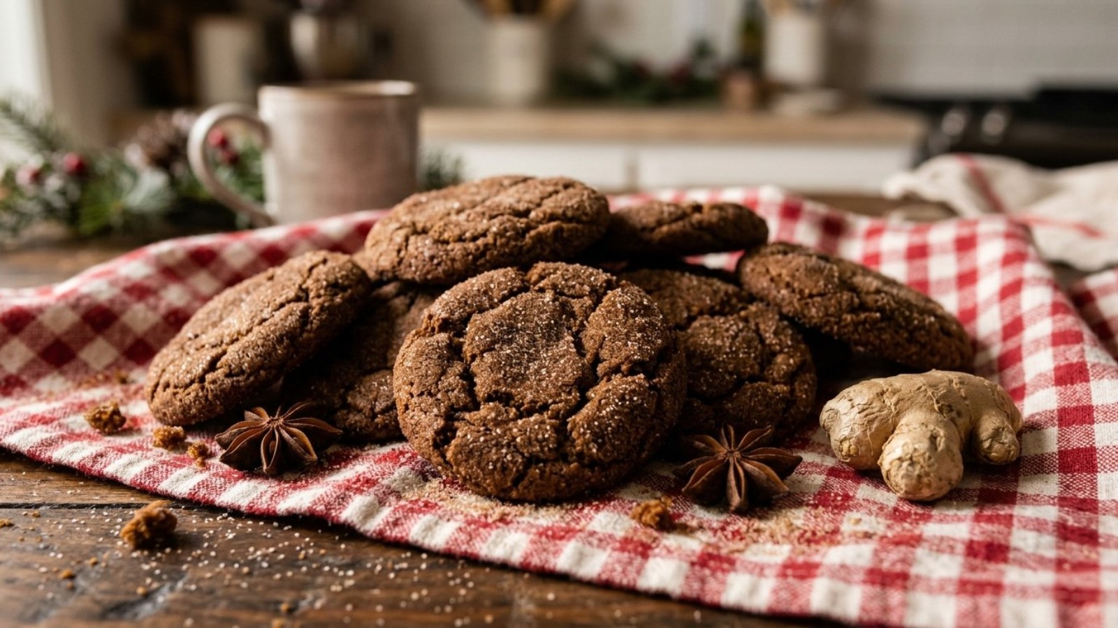 Gingerbread snickerdoodles on a checked cloth