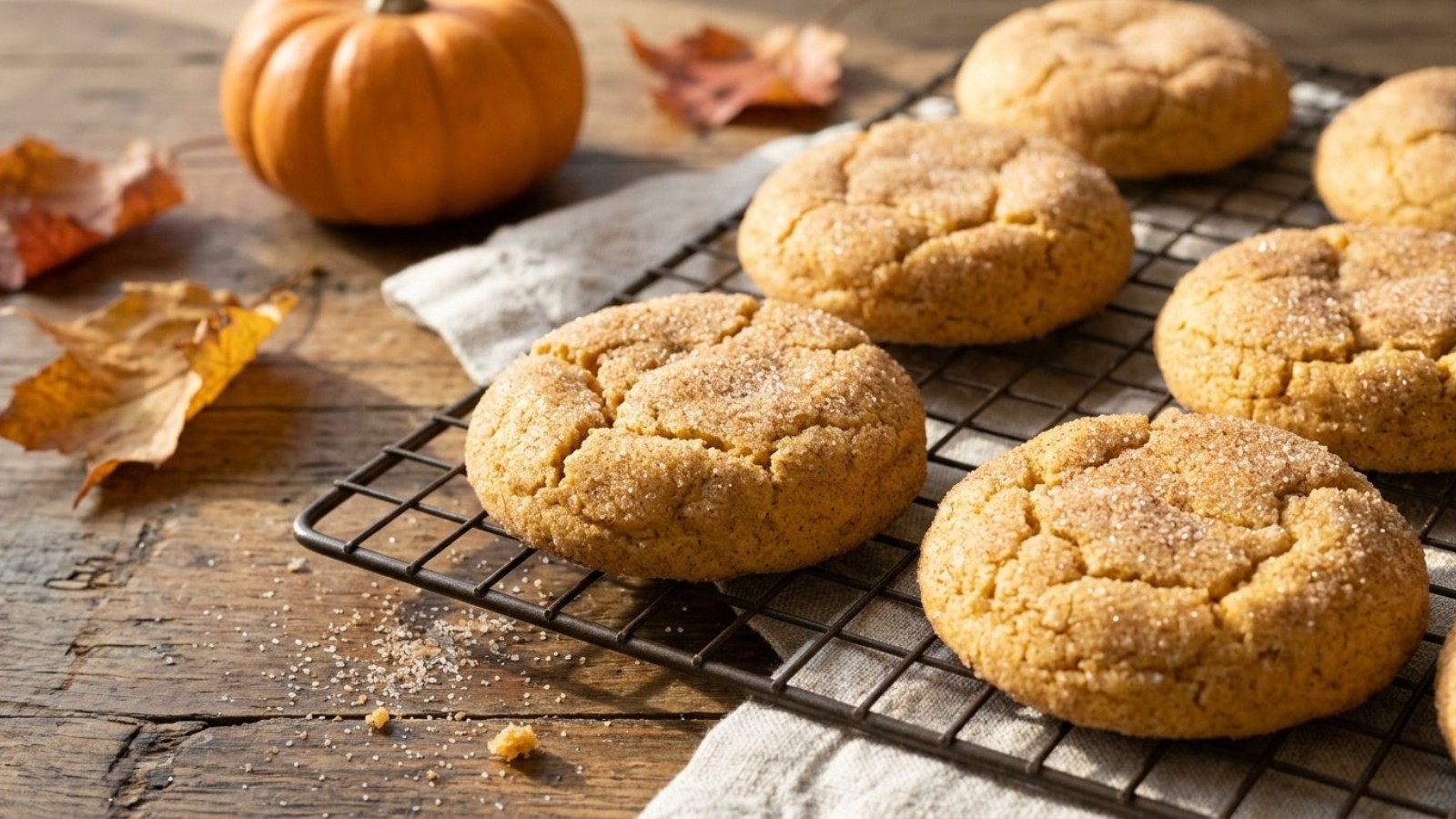 Pumpkin snickerdoodles on a cooling rack