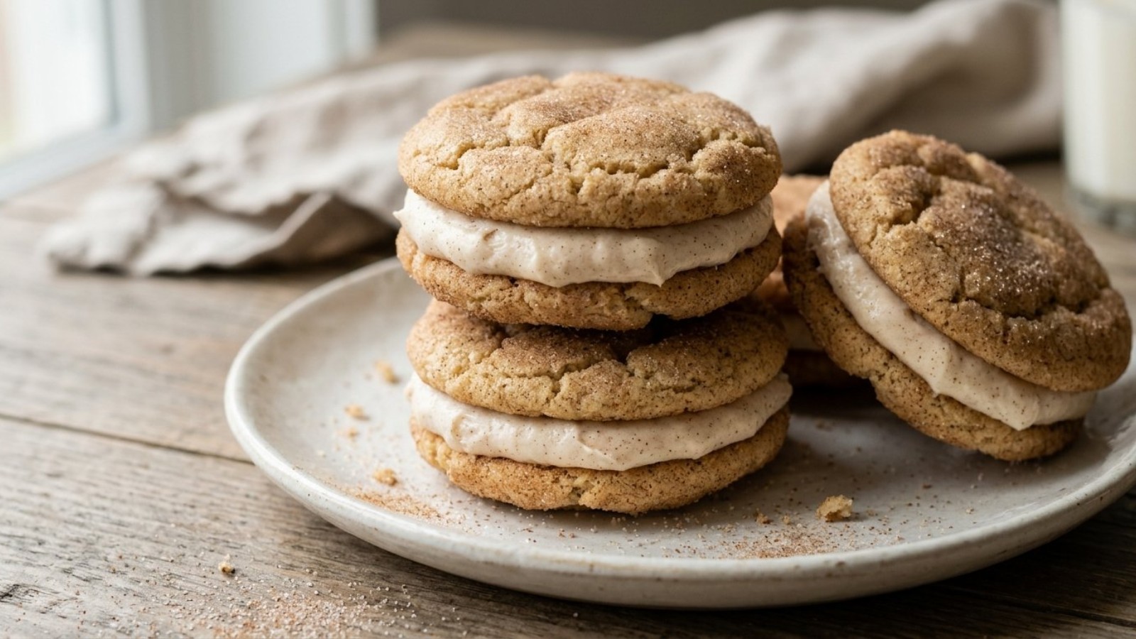 Snickerdoodle sandwich cookies with cinnamon cream cheese filling
