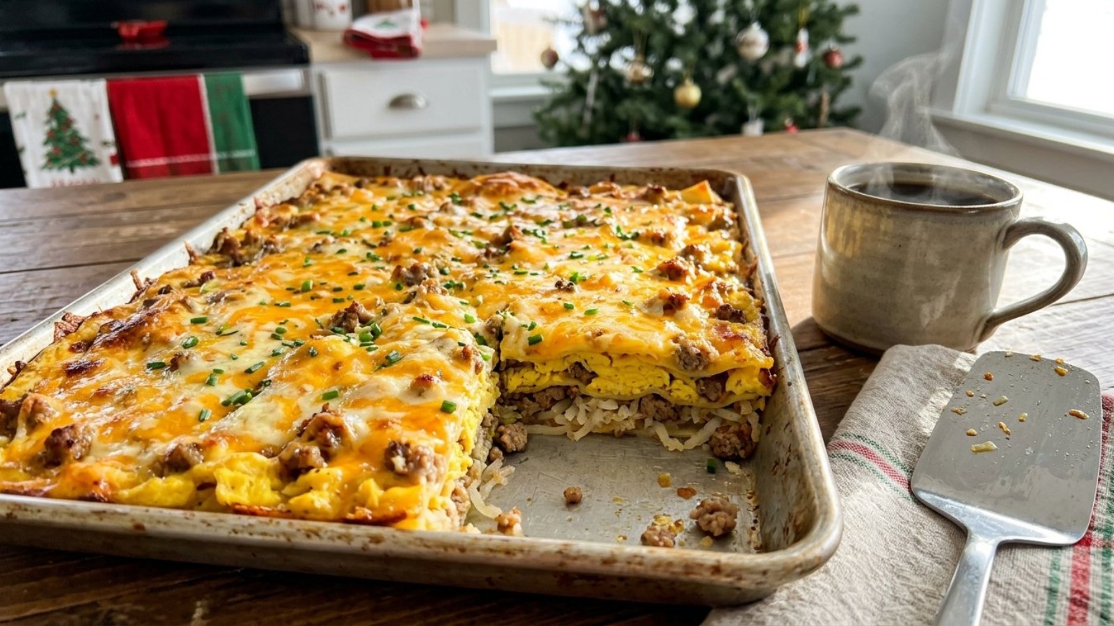 Breakfast lasagna with eggs, sausage and cheddar in a sheet pan