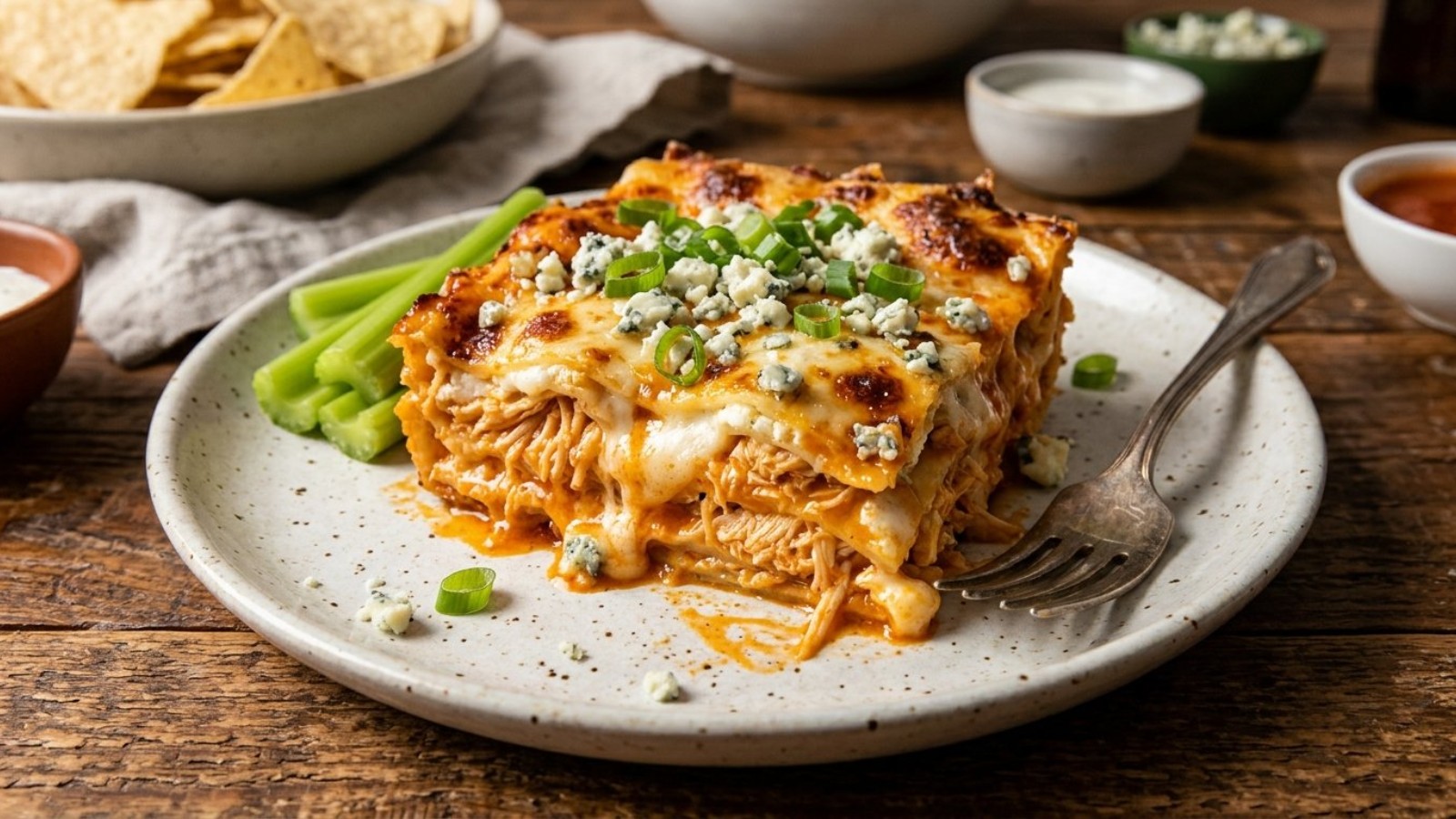 Buffalo chicken lasagna square with blue cheese and green onions