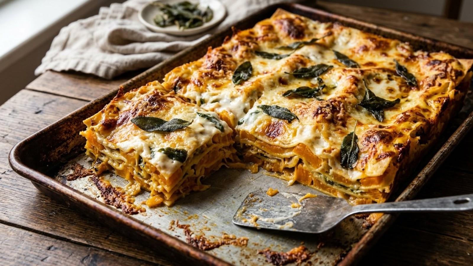 Butternut squash lasagna with crispy sage in a sheet pan