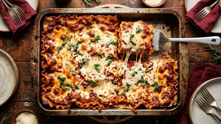 Sheet pan lasagna with bubbling cheese and crispy edges on a holiday table