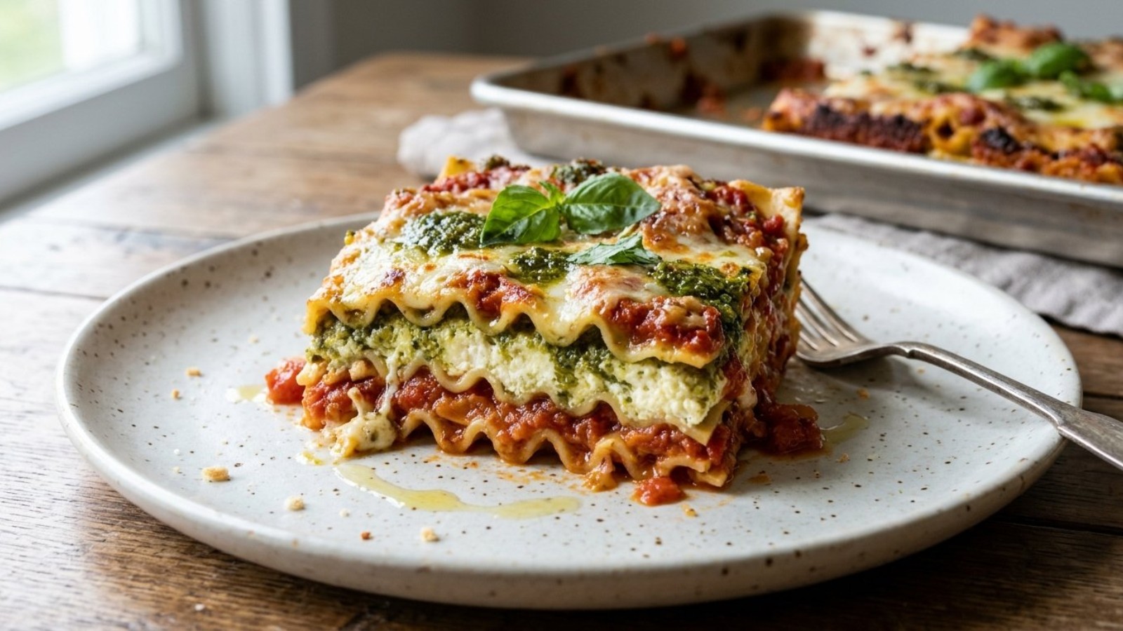 Pesto ricotta lasagna square showing red, white and green layers