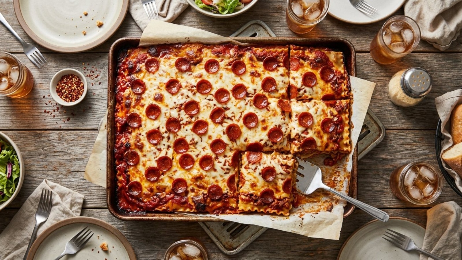 Pepperoni pizza lasagna in a sheet pan with crispy pepperoni