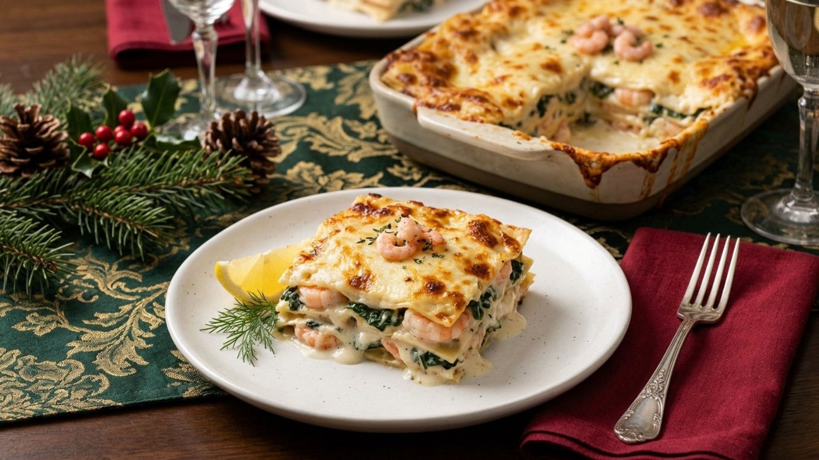 Seafood lasagna with shrimp and spinach on a Christmas Eve table