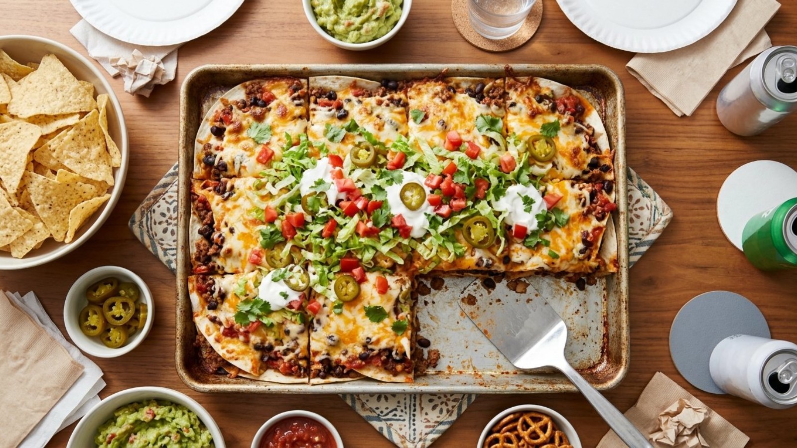 Taco lasagna in a sheet pan with lettuce, tomatoes and jalapenos