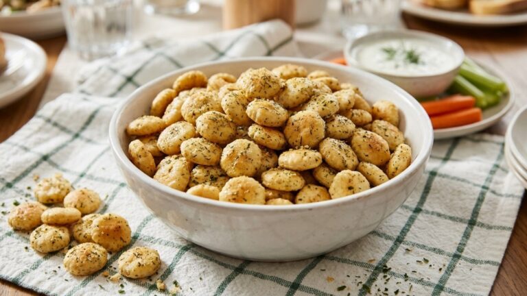 Ranch seasoning recipes: a white bowl of ranch oyster crackers with herbs and a creamy dip