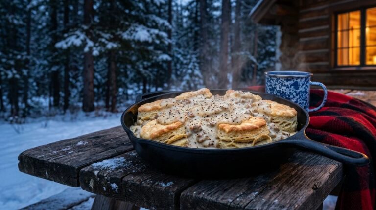 Campfire recipes: cast iron skillet of biscuits and sausage gravy on a snowy cabin picnic table